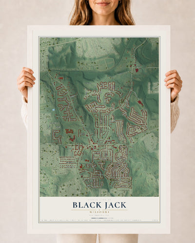 Map of Black Jack, Missouri, 24 x 36 inch print in a white wood frame