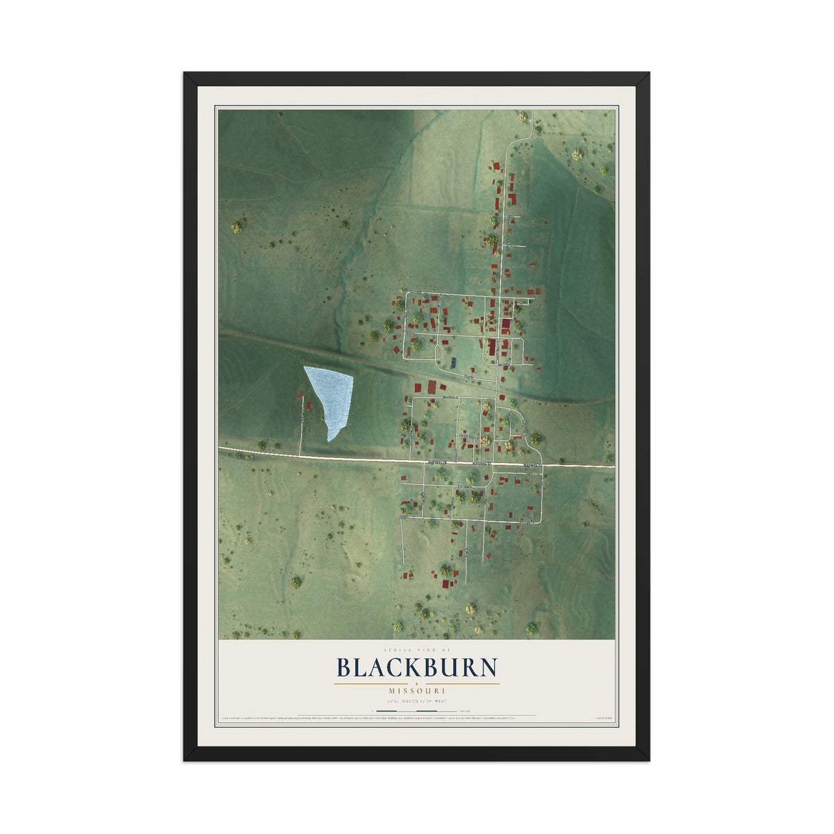 Map of Blackburn, Missouri, 12 x 18 inch print in a black wood frame