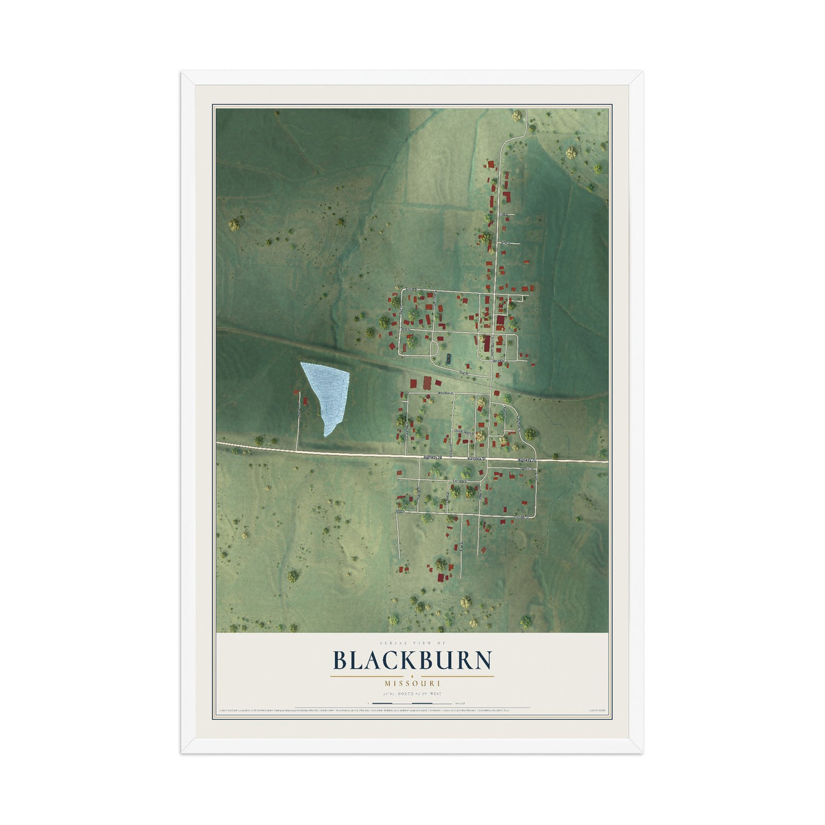 Map of Blackburn, Missouri, 12 x 18 inch print in a white wood frame
