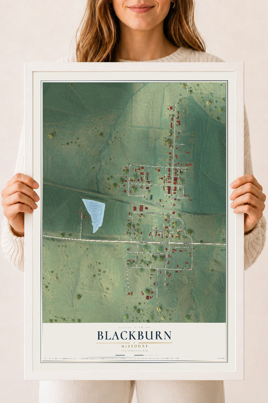 Map of Blackburn, Missouri, 18 x 24 inch print in a white wood frame