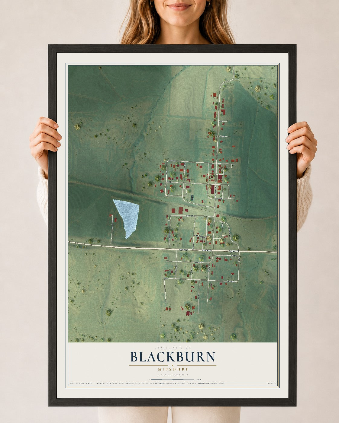 Map of Blackburn, Missouri, 24 x 36 inch print in a black wood frame