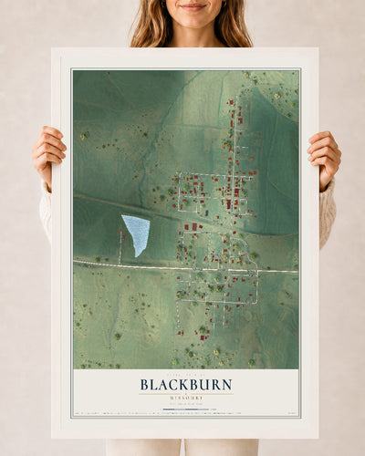 Map of Blackburn, Missouri, 24 x 36 inch print in a white wood frame