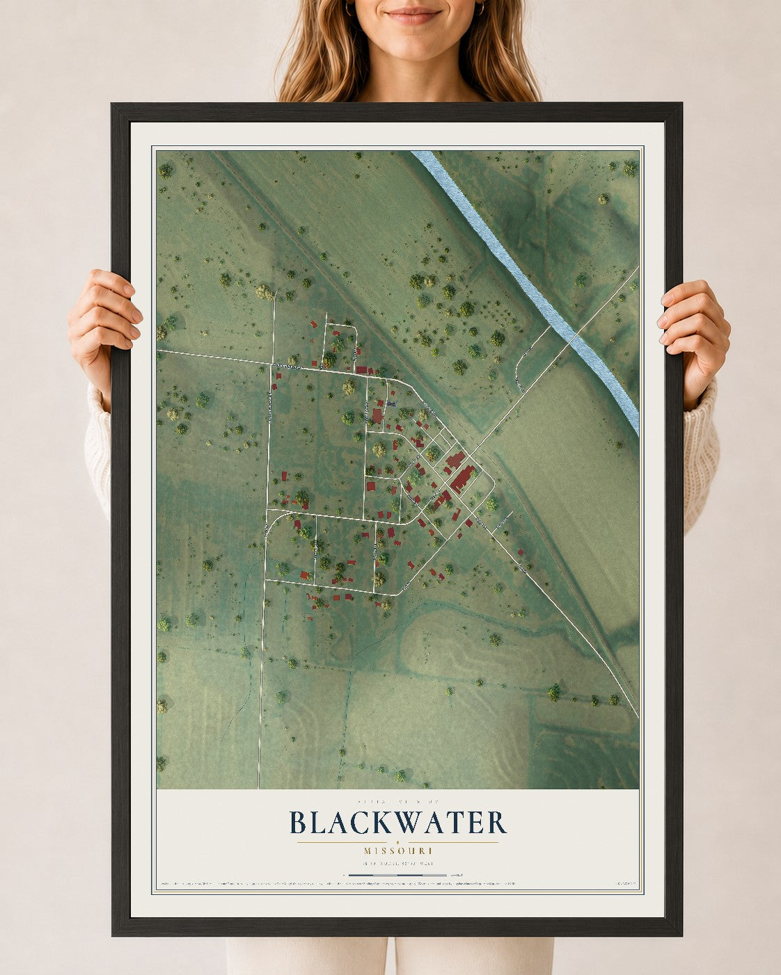 Map of Blackwater, Missouri, 24 x 36 inch print in a black wood frame