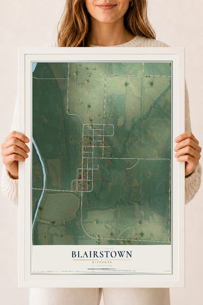 Map of Blairstown, Missouri, 18 x 24 inch print in a white wood frame