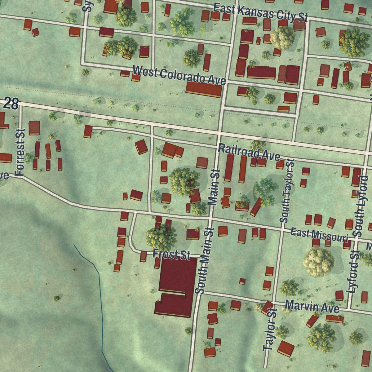 Close-up of the map of Bland, Missouri print showing street and building detail
