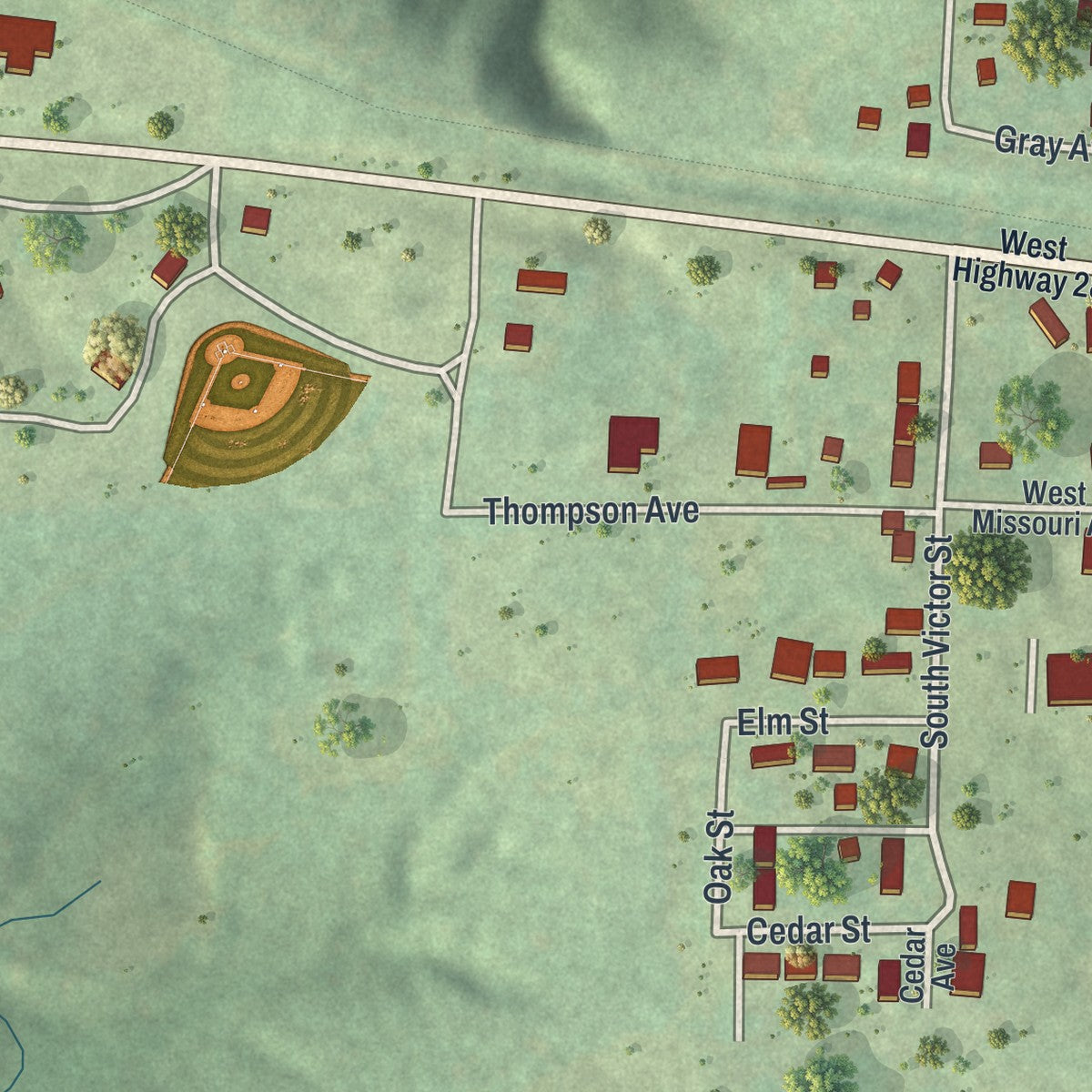 Second close-up of the map of Bland, Missouri print showing more streets and buildings