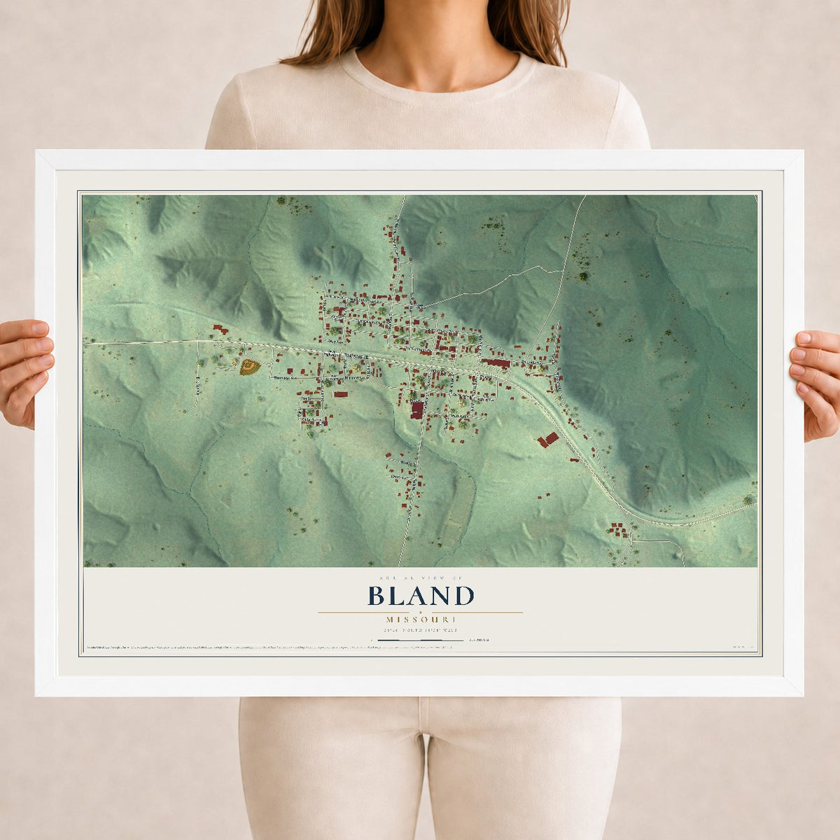 Map of Bland, Missouri, 18 x 24 inch print in a white wood frame