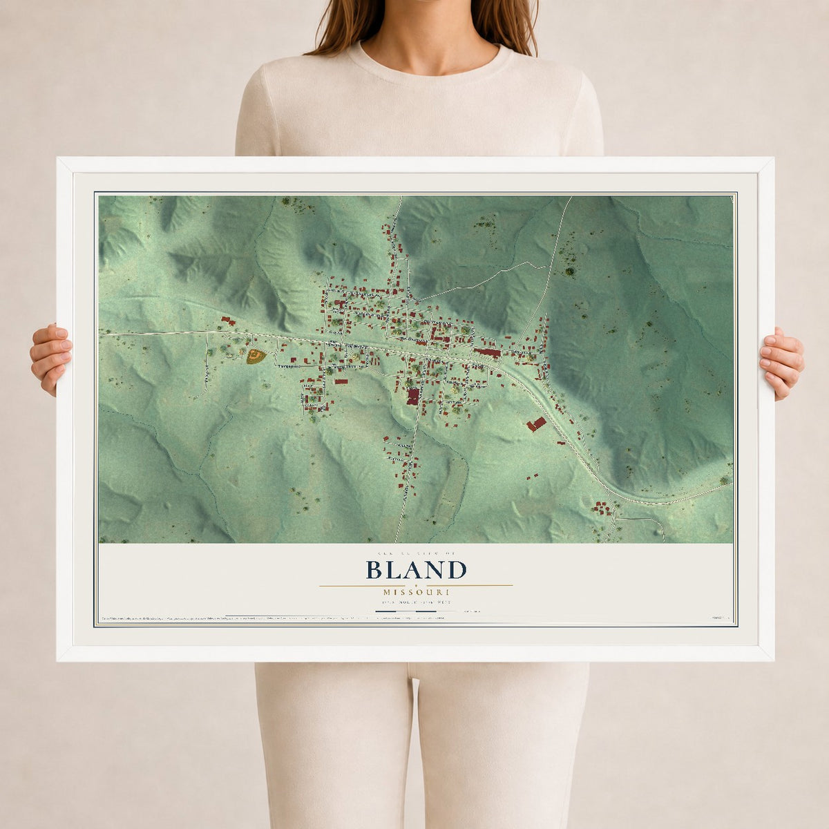 Map of Bland, Missouri, 24 x 36 inch print in a white wood frame