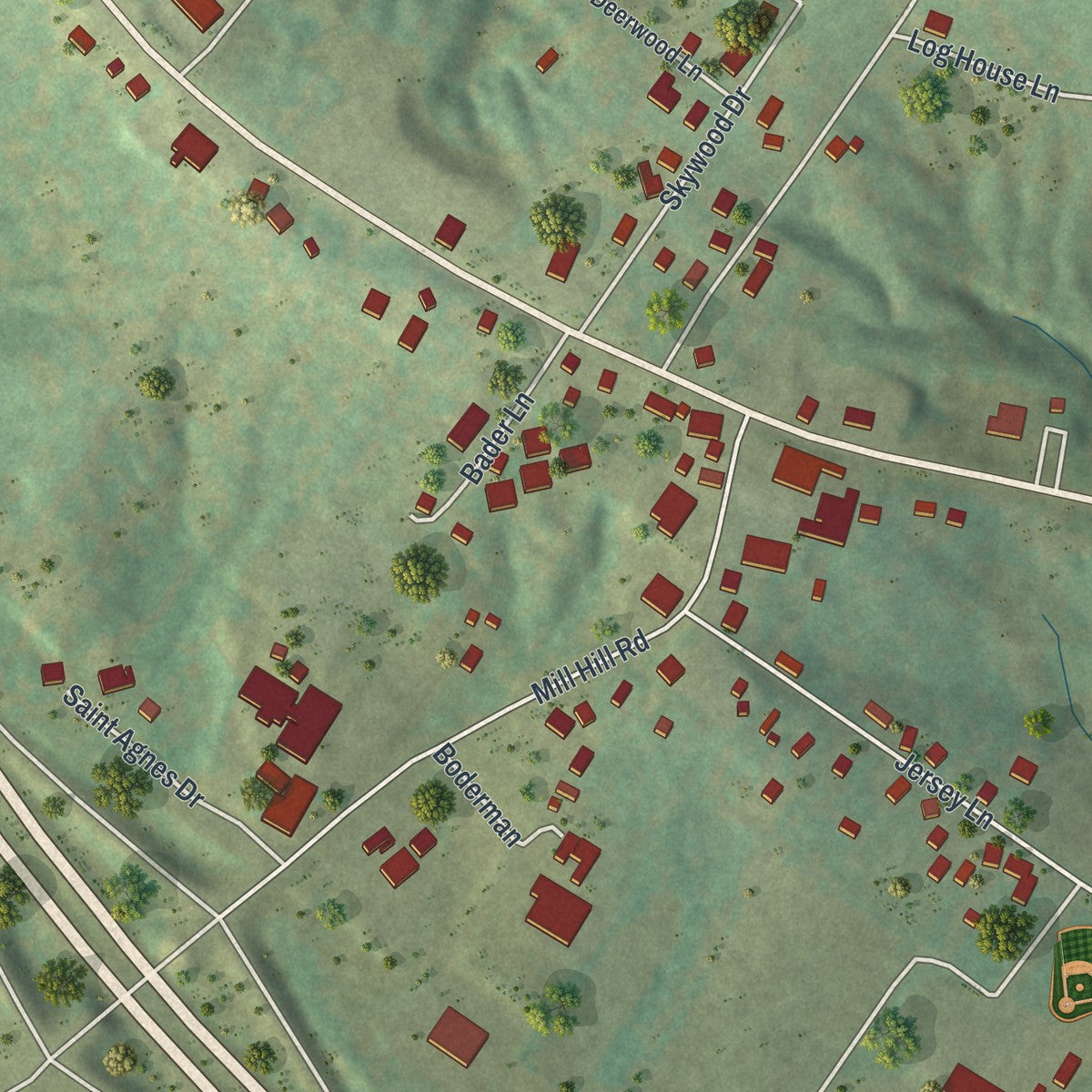 Close-up of the map of Bloomsdale, Missouri print showing street and building detail