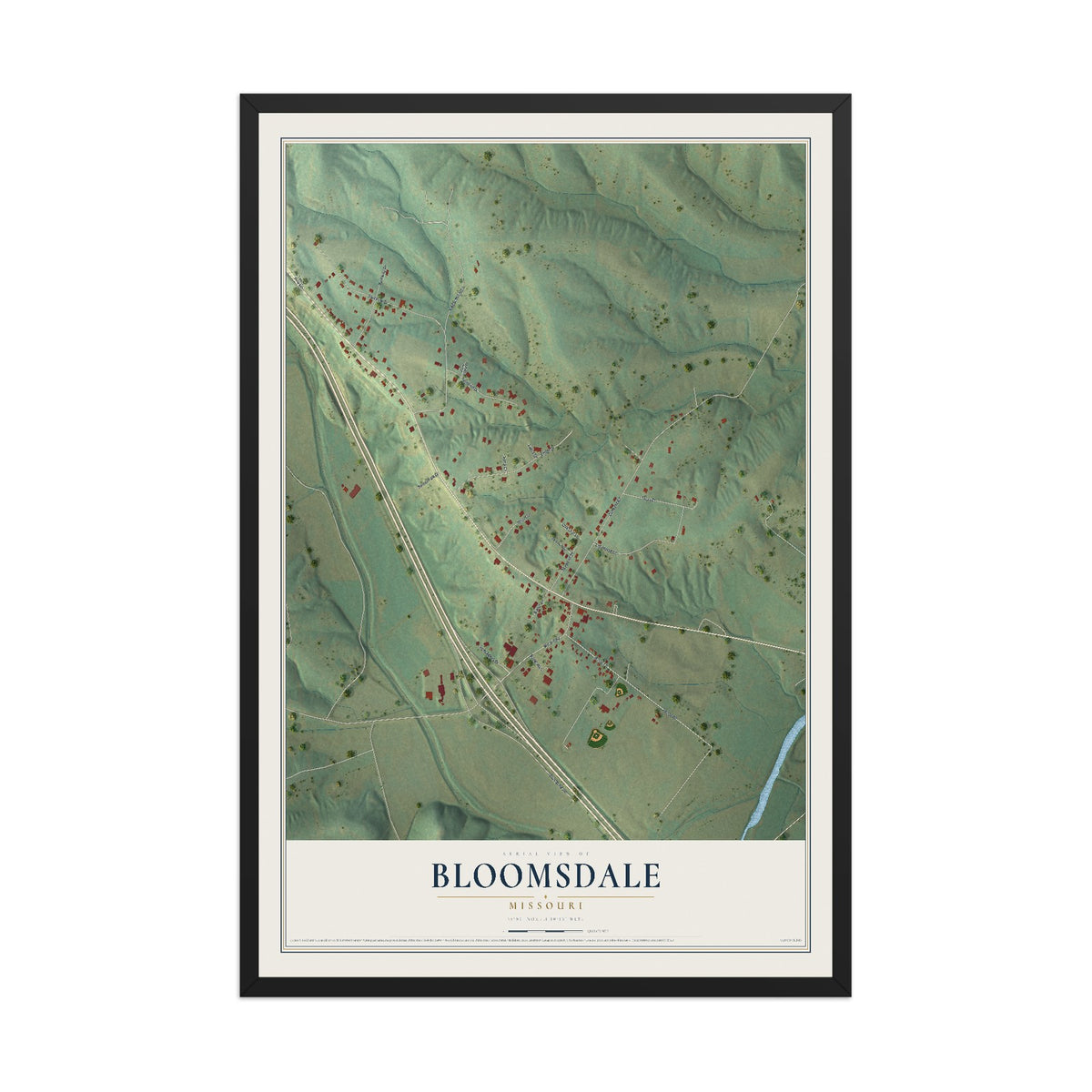 Map of Bloomsdale, Missouri, 12 x 18 inch print in a black wood frame