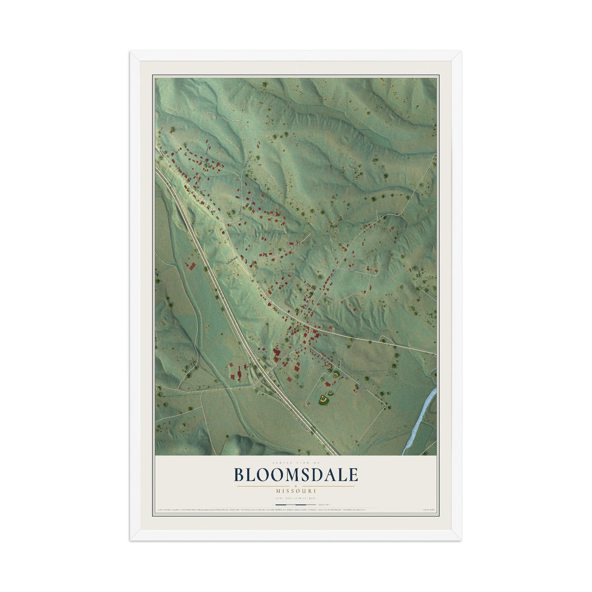 Map of Bloomsdale, Missouri, 12 x 18 inch print in a white wood frame