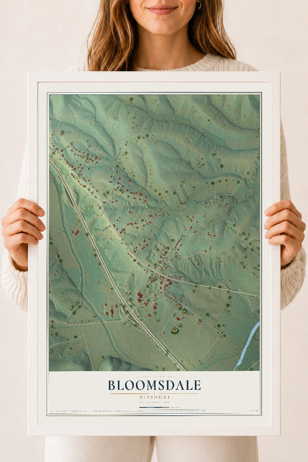 Map of Bloomsdale, Missouri, 18 x 24 inch print in a white wood frame