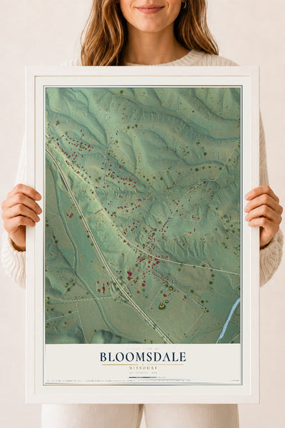 Map of Bloomsdale, Missouri, 18 x 24 inch print in a white wood frame