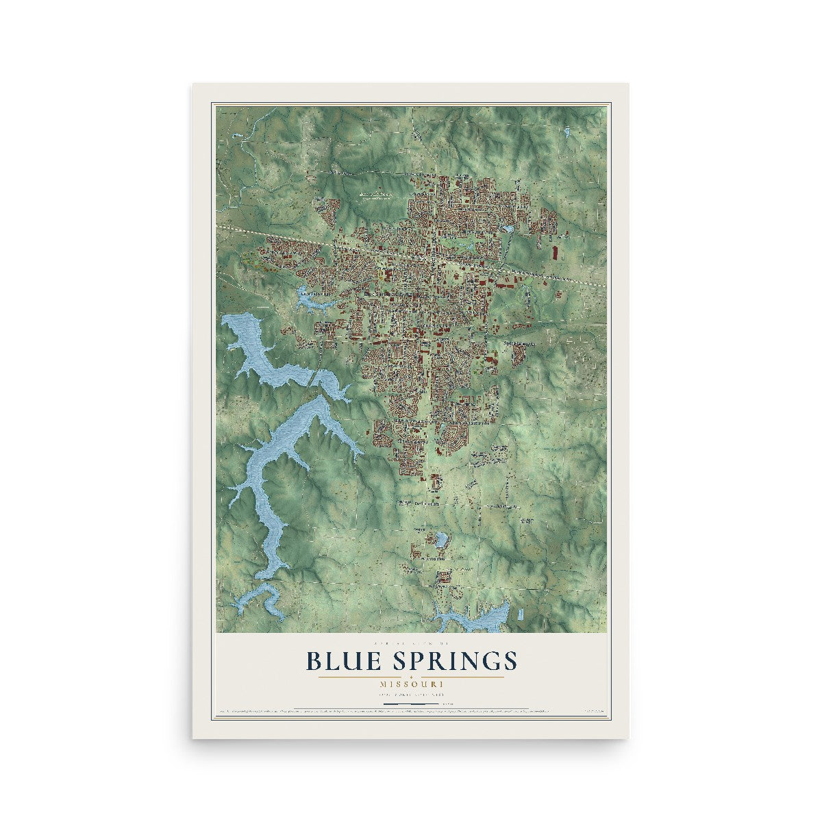 Map of Blue Springs, Missouri, 12 x 18 inch unframed archival matte print