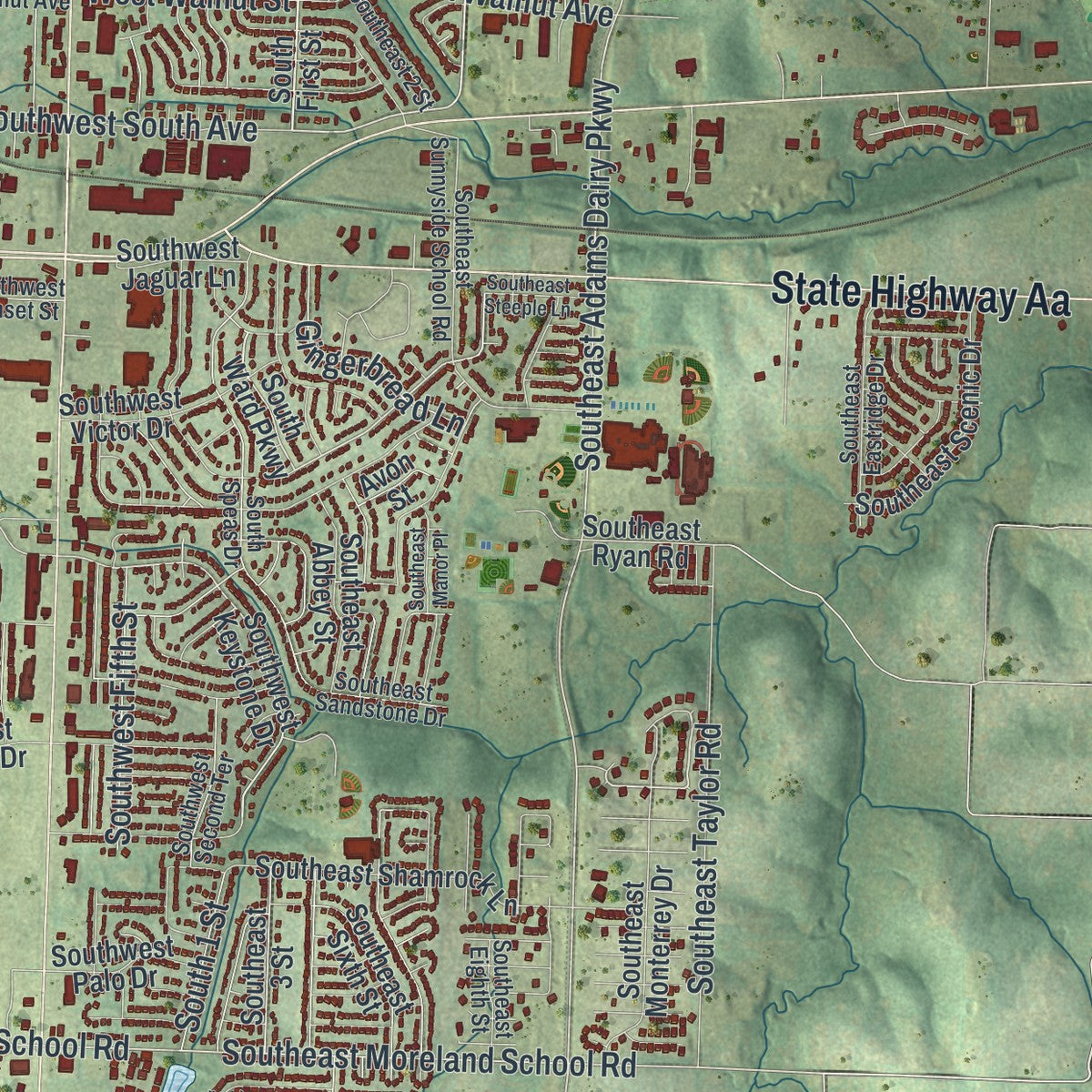 Second close-up of the map of Blue Springs, Missouri print showing more streets and buildings
