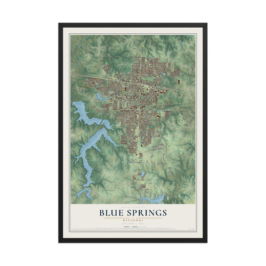 Map of Blue Springs, Missouri, 12 x 18 inch print in a black wood frame