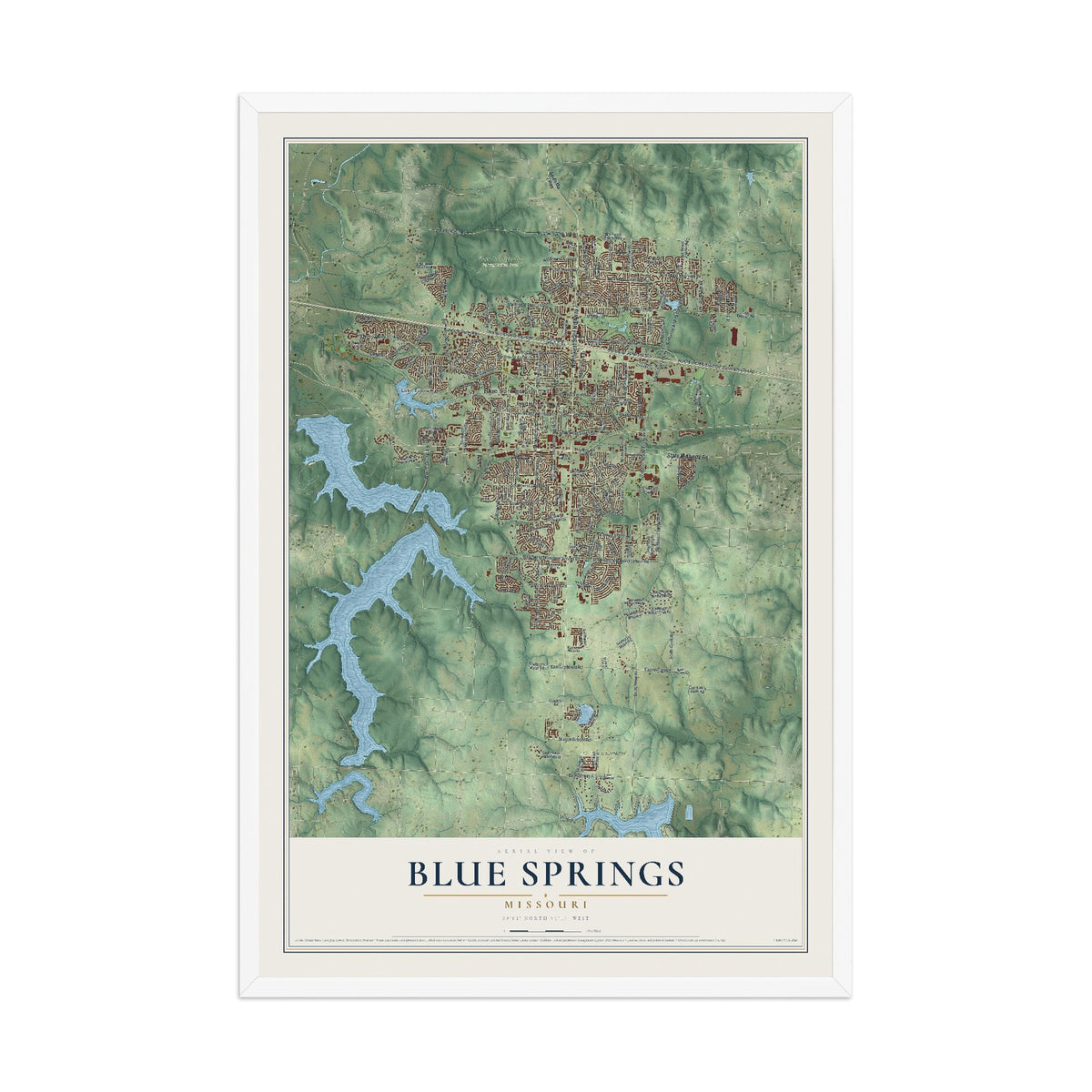 Map of Blue Springs, Missouri, 12 x 18 inch print in a white wood frame