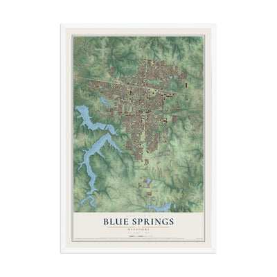 Map of Blue Springs, Missouri, 12 x 18 inch print in a white wood frame