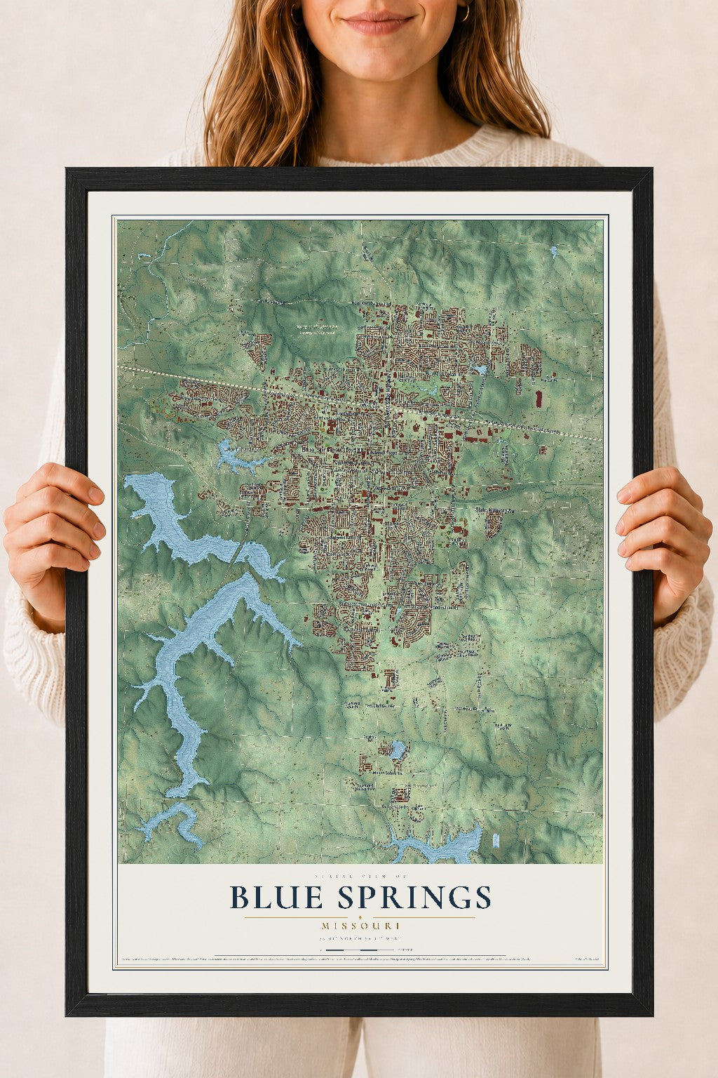 Map of Blue Springs, Missouri, 18 x 24 inch print in a black wood frame