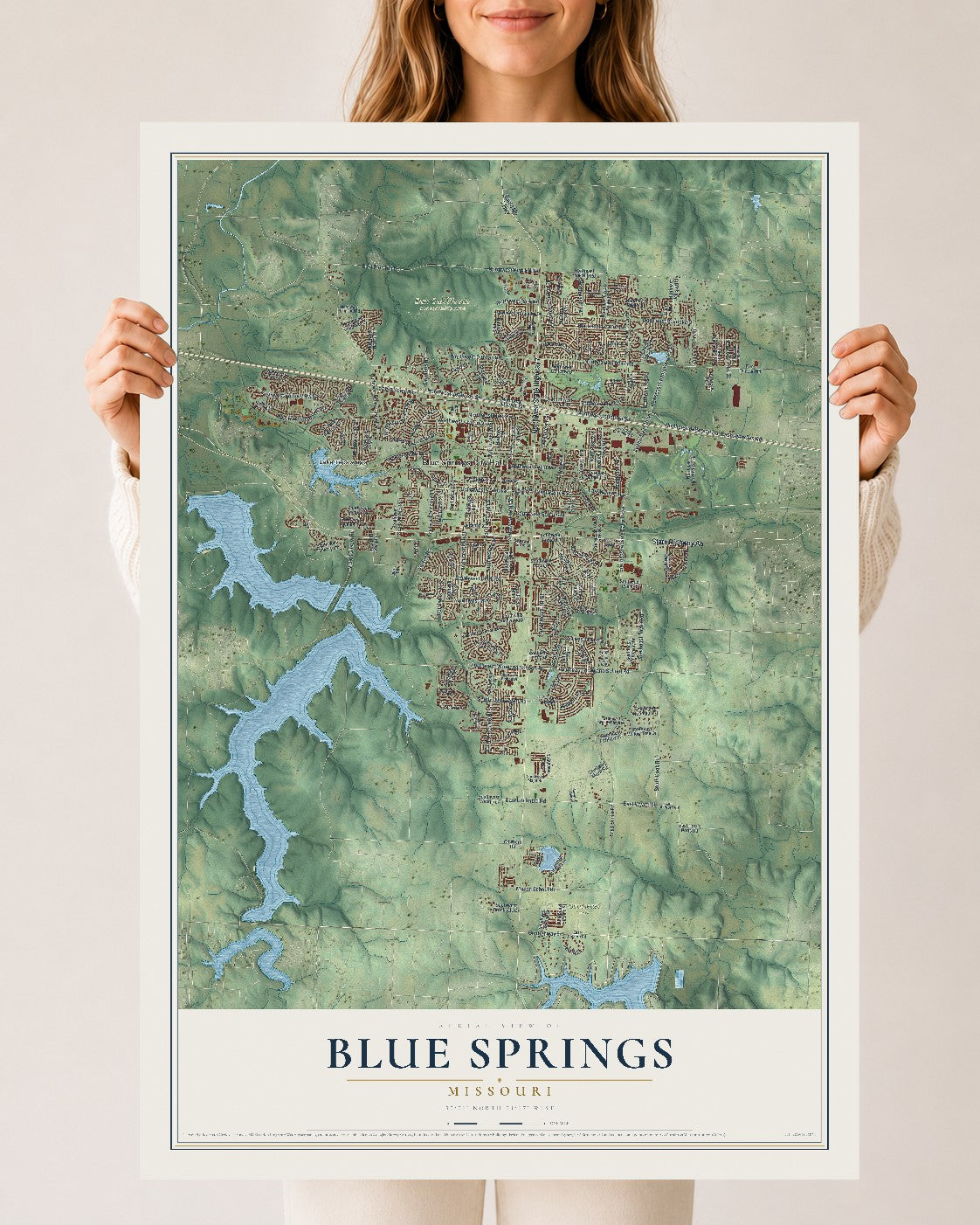 Map of Blue Springs, Missouri, 24 x 36 inch unframed archival matte print