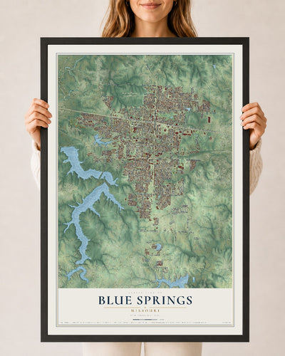 Map of Blue Springs, Missouri, 24 x 36 inch print in a black wood frame