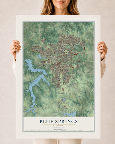 Map of Blue Springs, Missouri, 24 x 36 inch print in a white wood frame