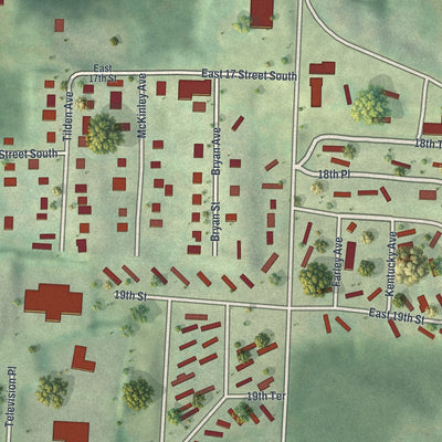Close-up of the map of Blue Summit, Missouri print showing street and building detail