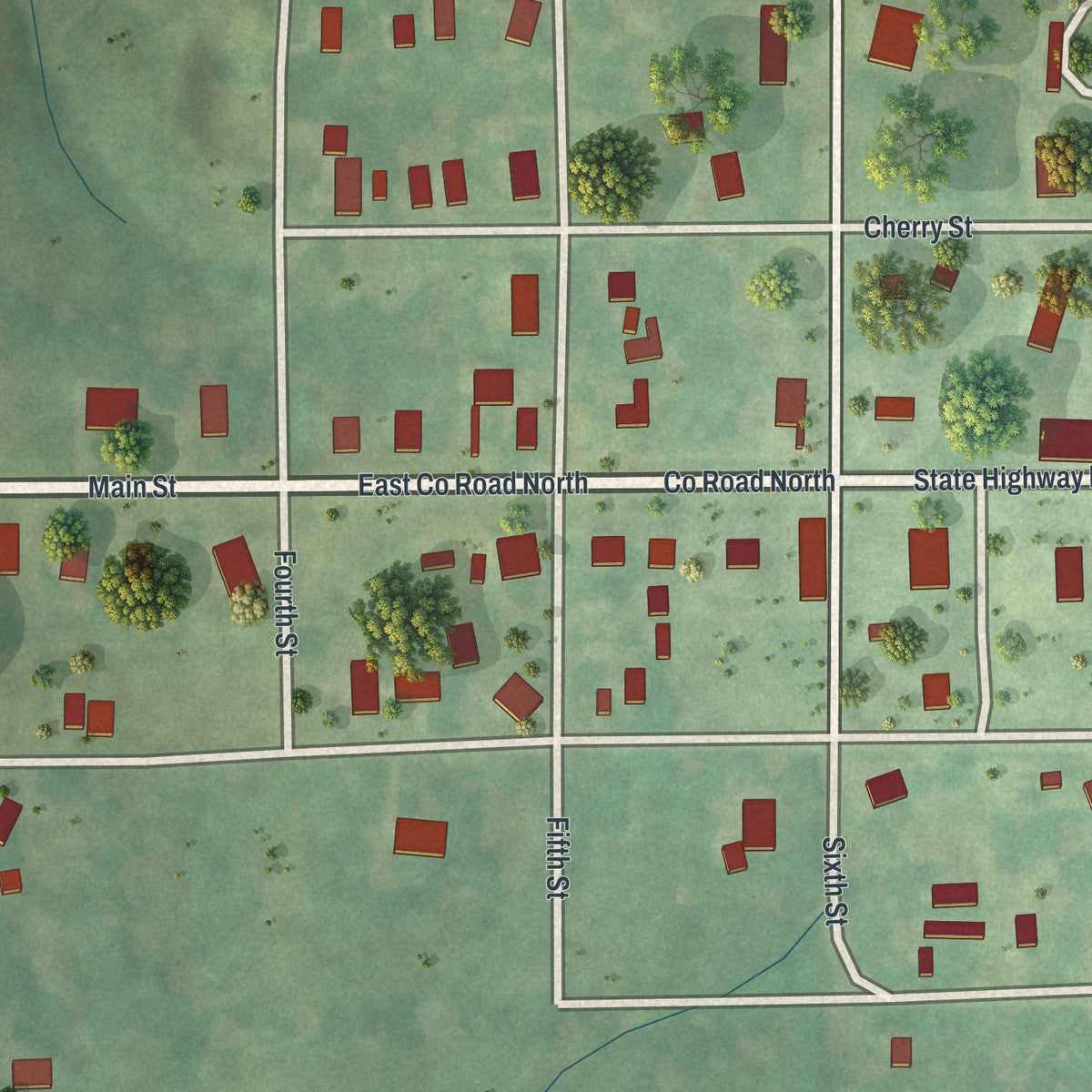 Close-up of the map of Blythedale, Missouri print showing street and building detail