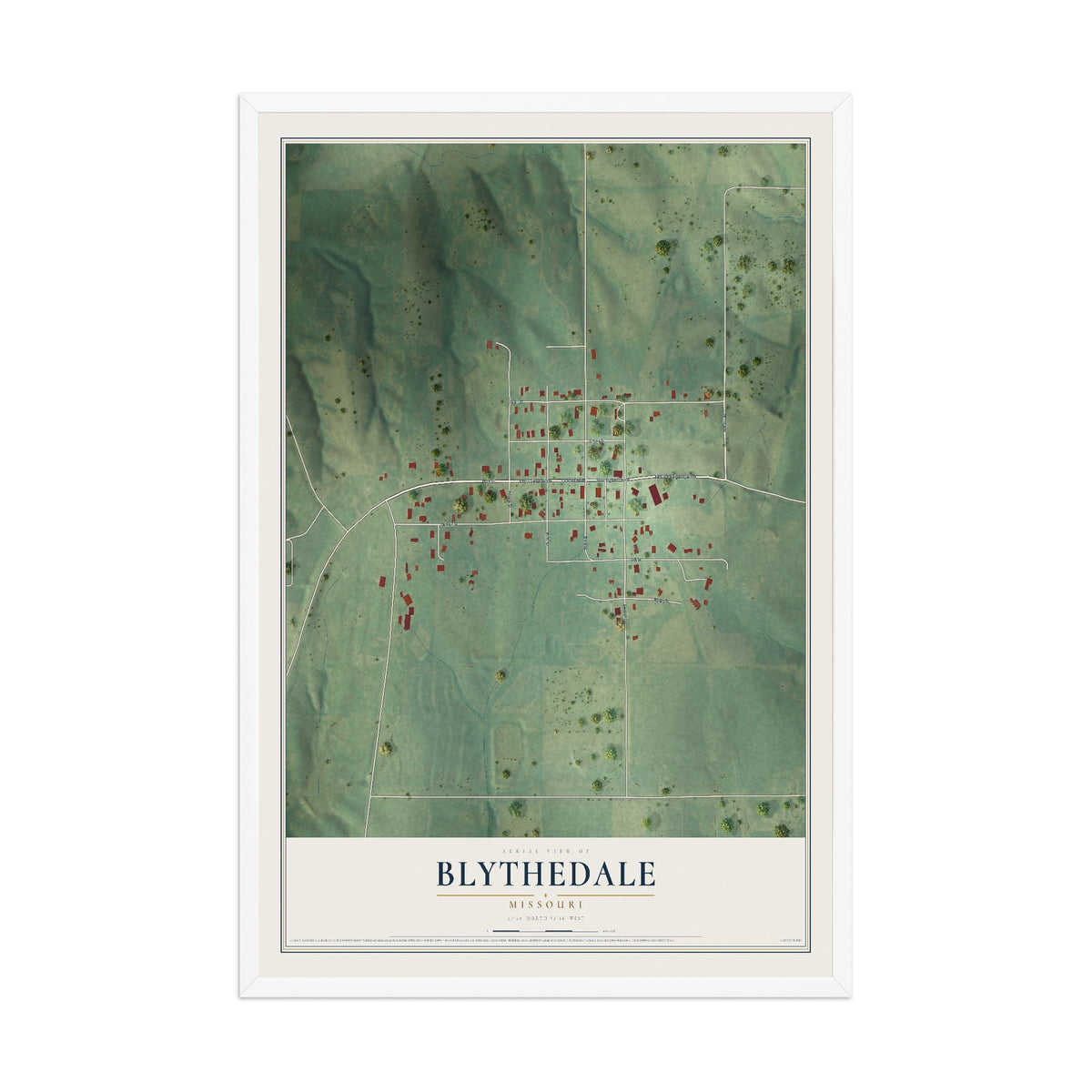 Map of Blythedale, Missouri, 12 x 18 inch print in a white wood frame