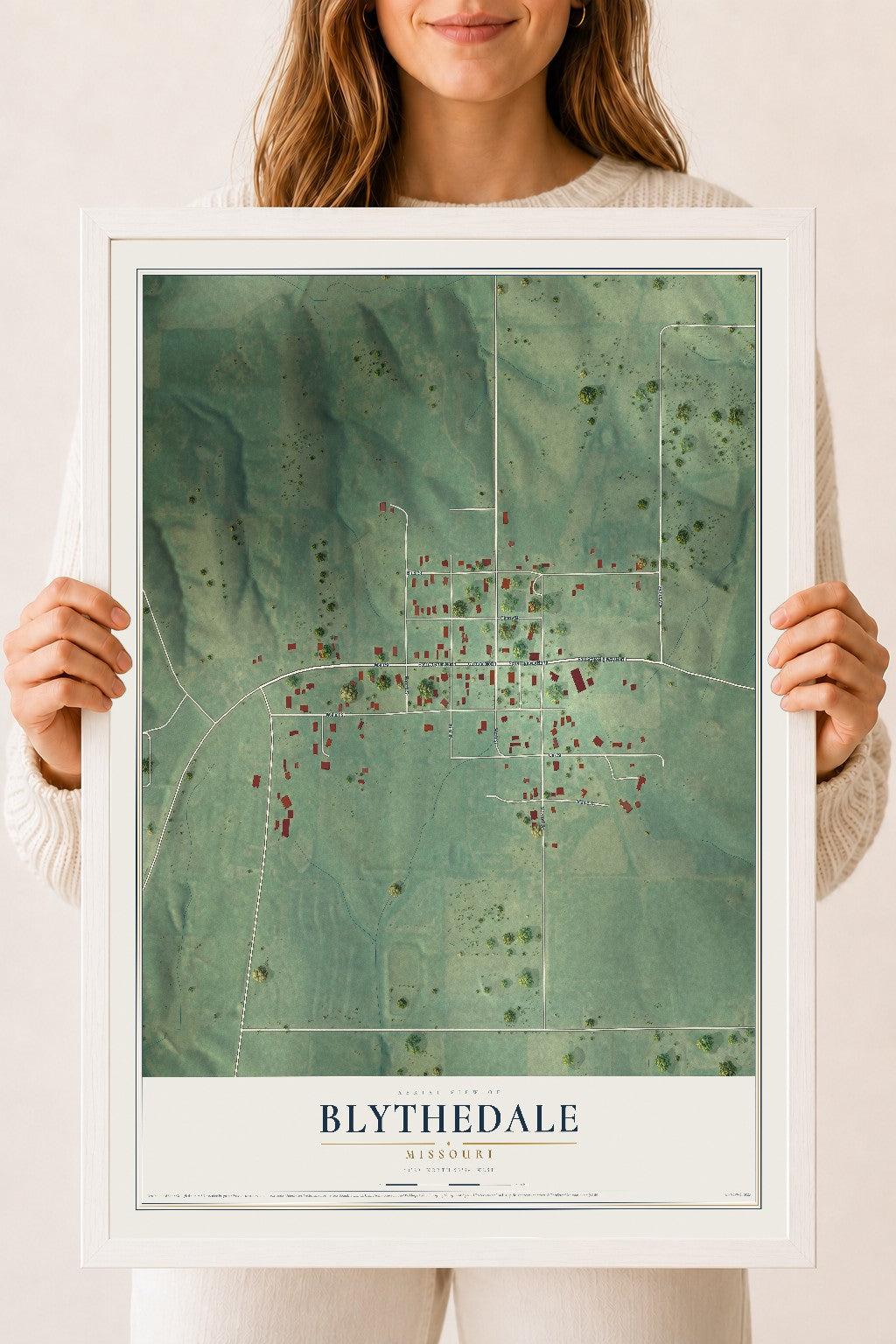 Map of Blythedale, Missouri, 18 x 24 inch print in a white wood frame