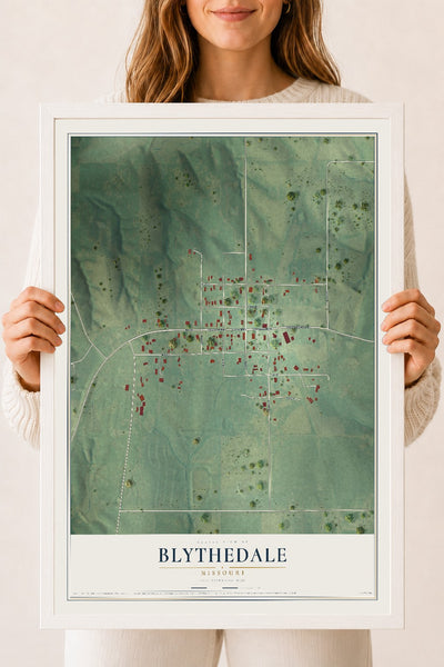 Map of Blythedale, Missouri, 18 x 24 inch print in a white wood frame