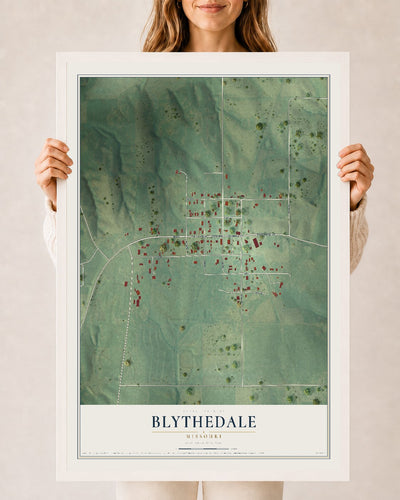 Map of Blythedale, Missouri, 24 x 36 inch print in a white wood frame