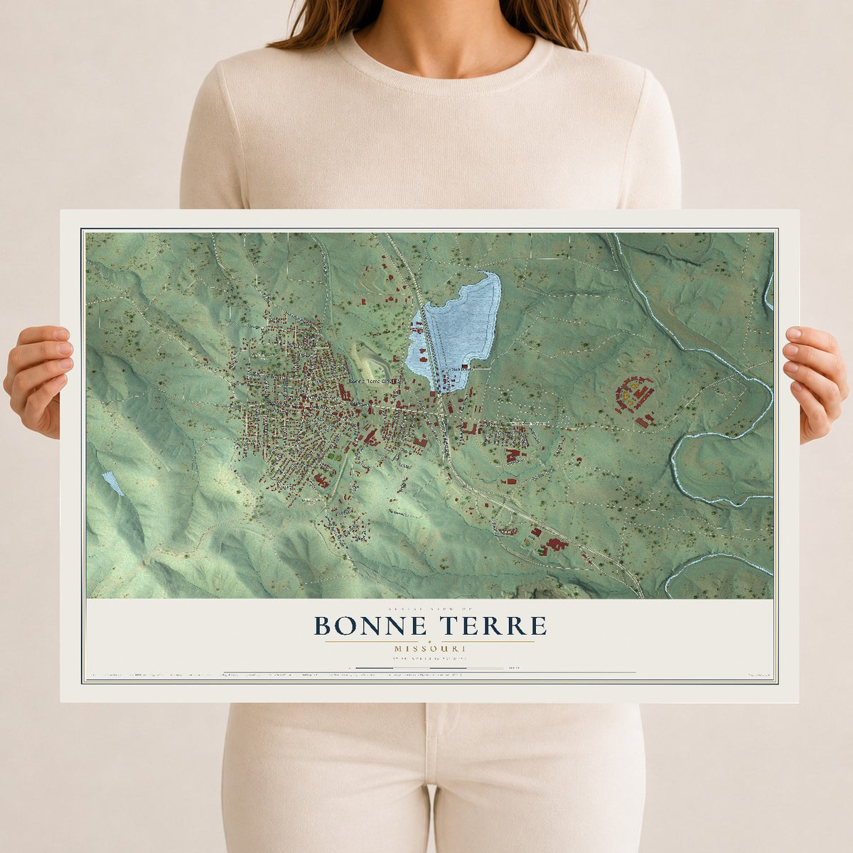 Map of Bonne Terre, Missouri, 12 x 18 inch unframed archival matte print