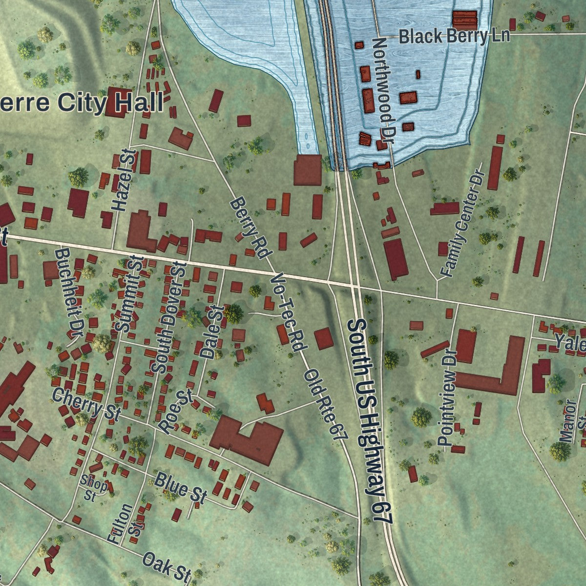 Second close-up of the map of Bonne Terre, Missouri print showing more streets and buildings