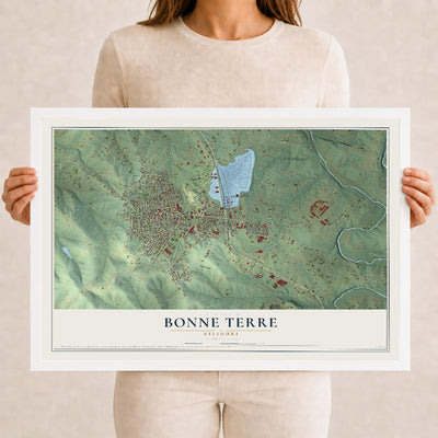 Map of Bonne Terre, Missouri, 12 x 18 inch print in a white wood frame