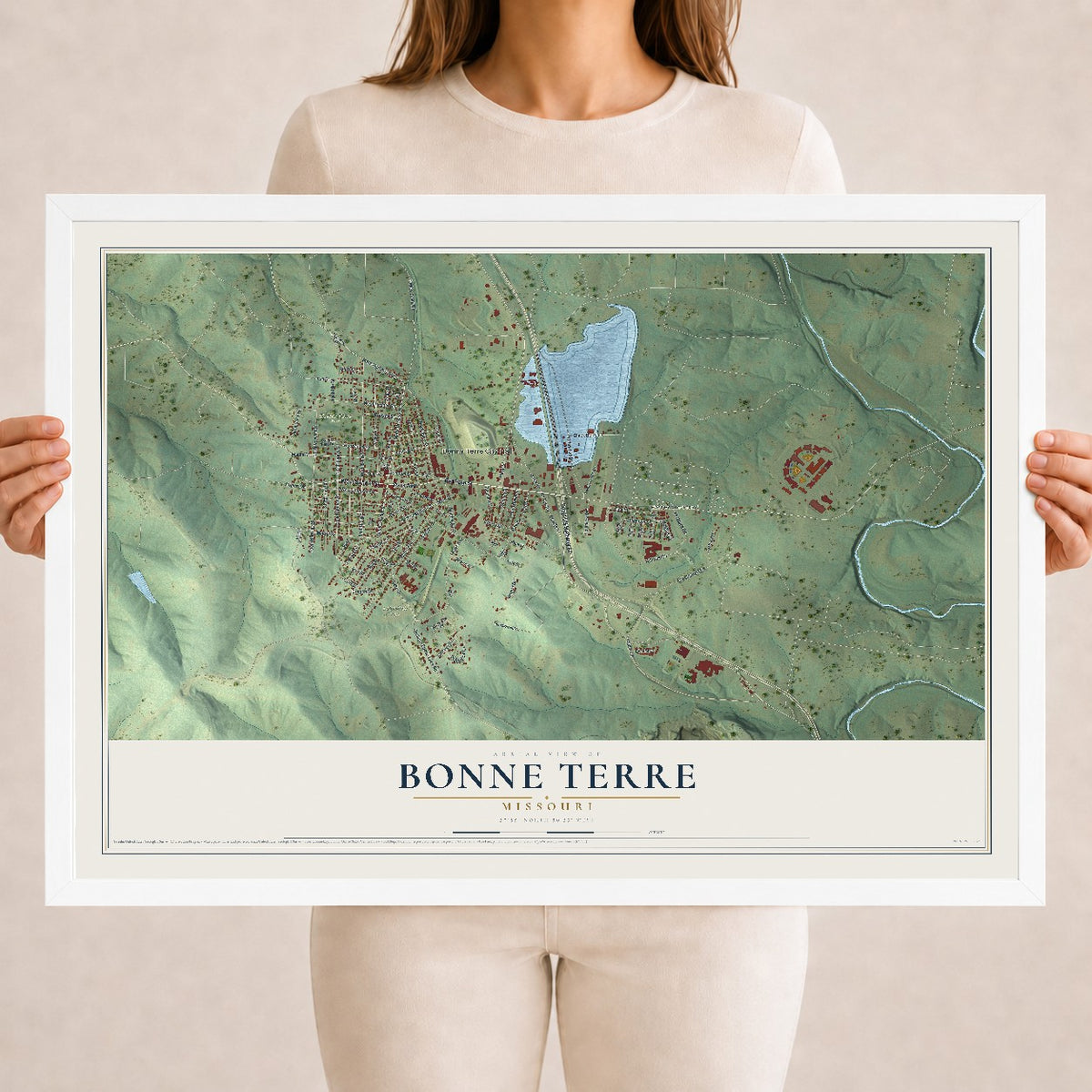 Map of Bonne Terre, Missouri, 18 x 24 inch print in a white wood frame