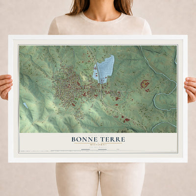 Map of Bonne Terre, Missouri, 18 x 24 inch print in a white wood frame