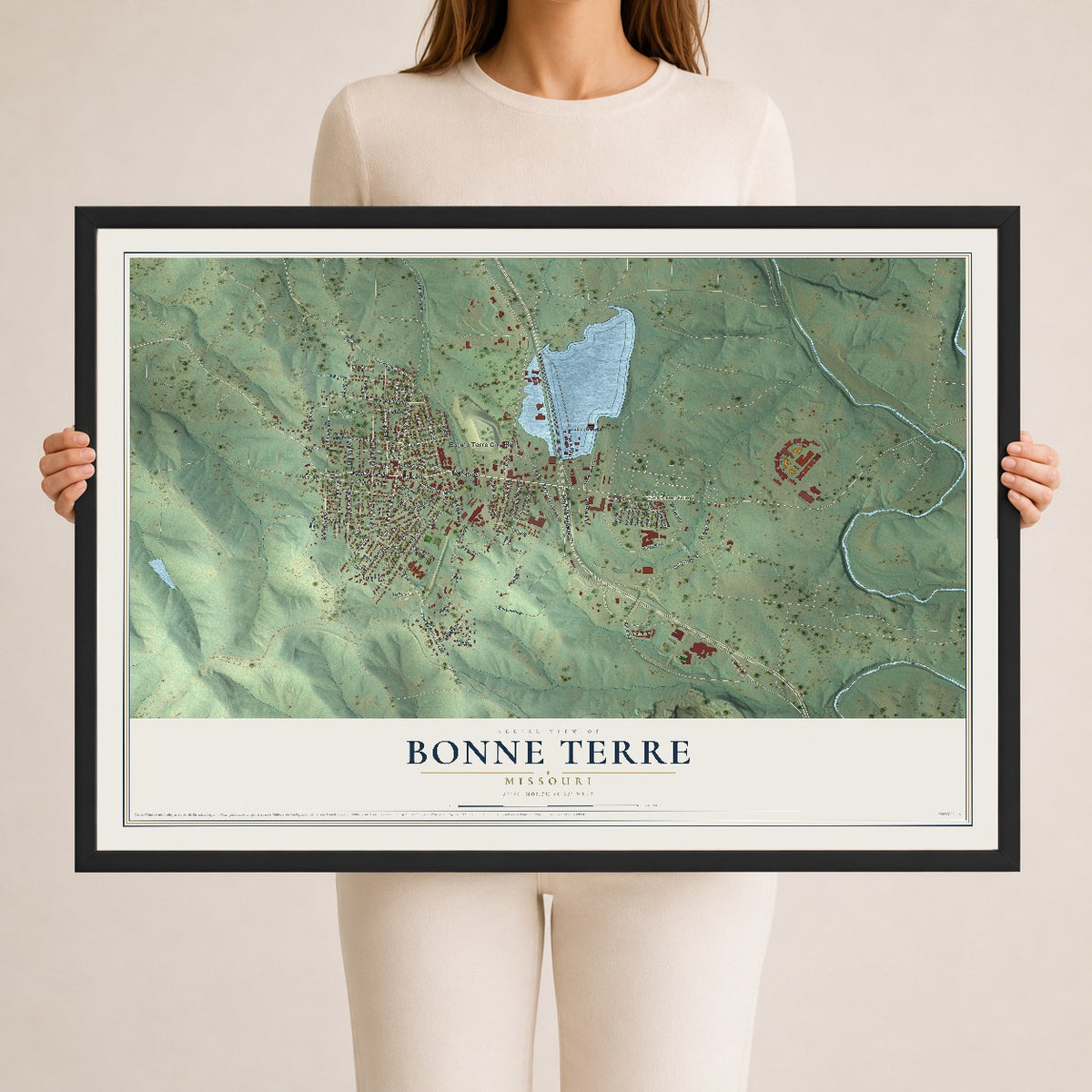 Map of Bonne Terre, Missouri, 24 x 36 inch print in a black wood frame