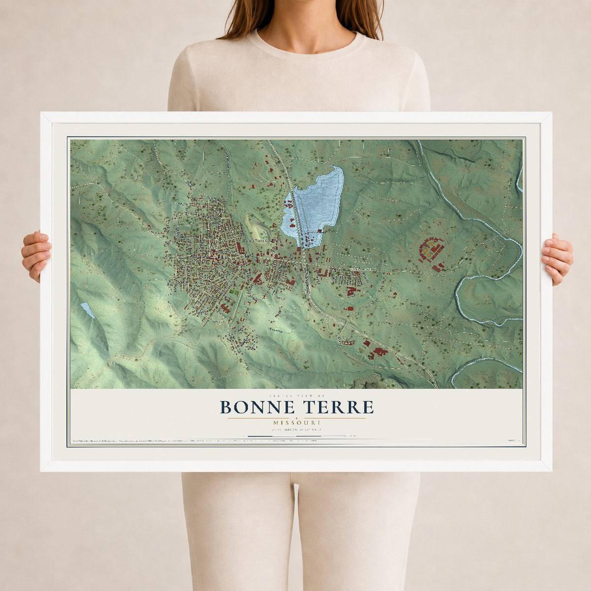 Map of Bonne Terre, Missouri, 24 x 36 inch print in a white wood frame