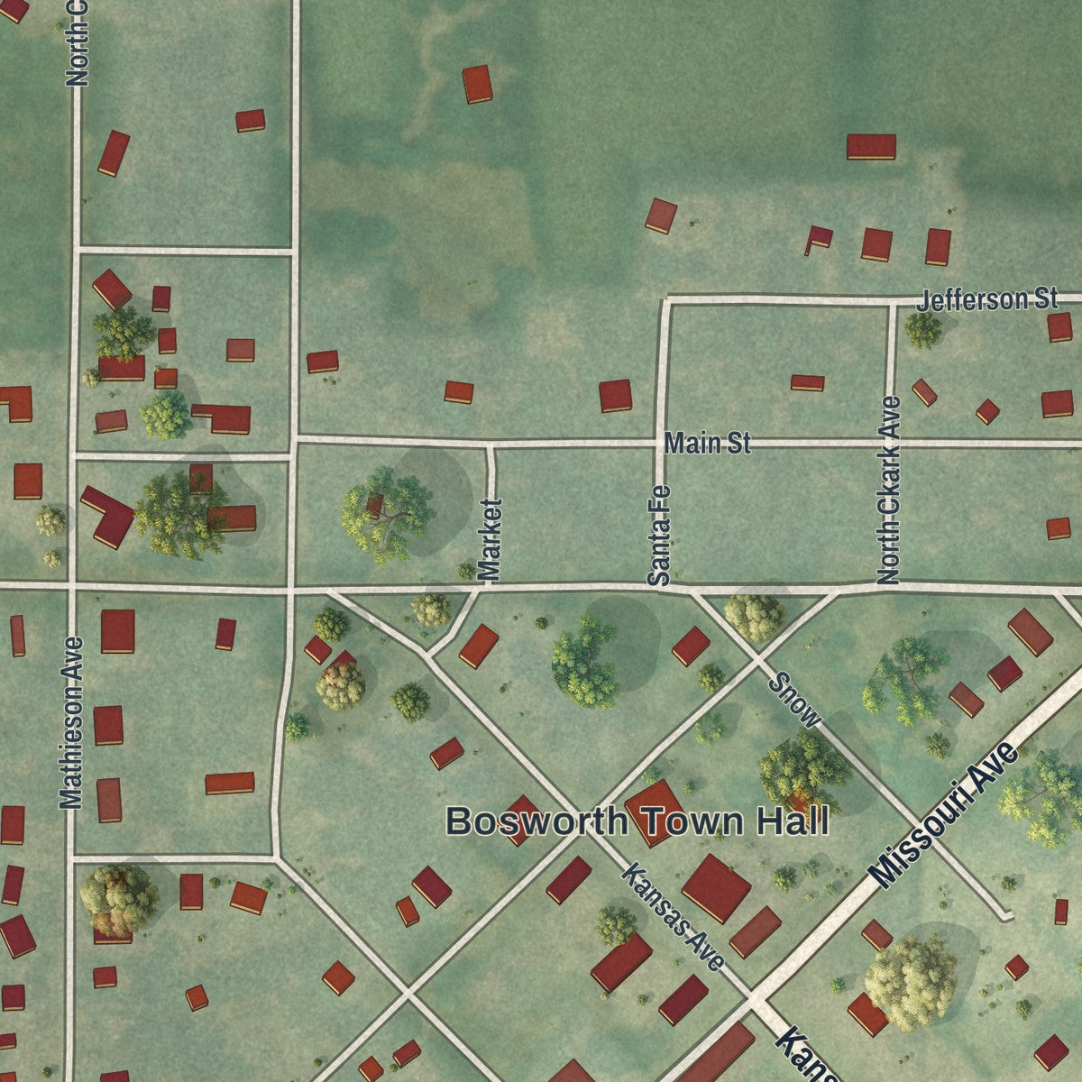 Close-up of the map of Bosworth, Missouri print showing street and building detail