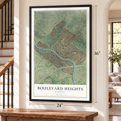 Boulevard Heights, Missouri map, 24 x 36 inch print in a black frame by a staircase