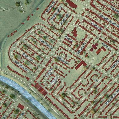 Close-up of the map of Boulevard Heights, Missouri print showing street and building detail