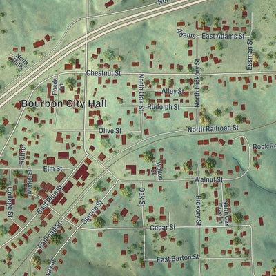 Close-up of the map of Bourbon, Missouri print showing street and building detail