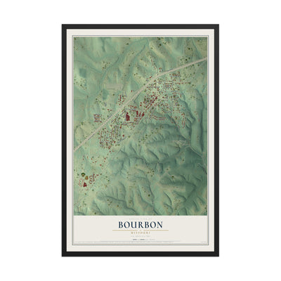 Map of Bourbon, Missouri, 12 x 18 inch print in a black wood frame