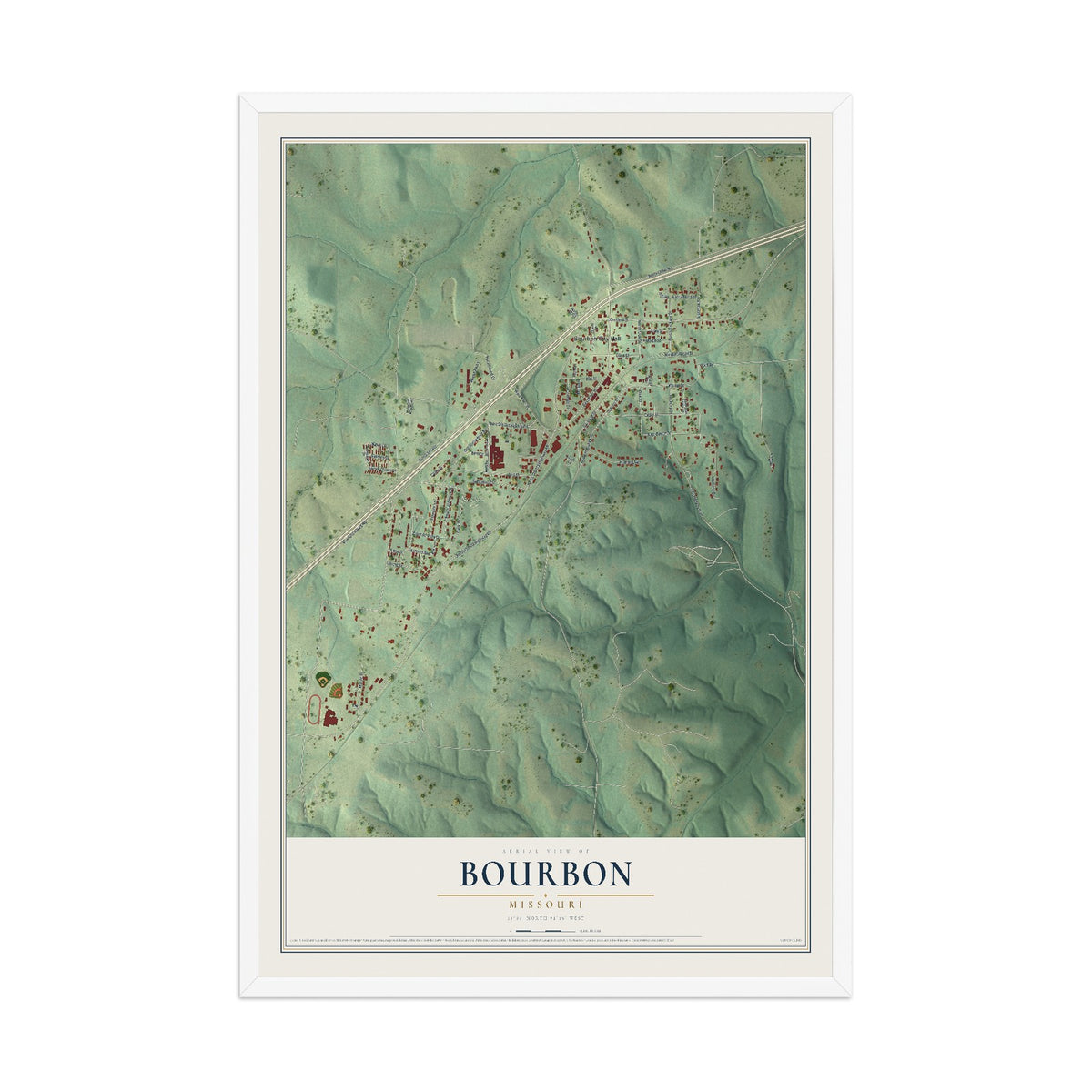 Map of Bourbon, Missouri, 12 x 18 inch print in a white wood frame