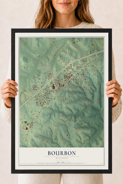 Map of Bourbon, Missouri, 18 x 24 inch print in a black wood frame