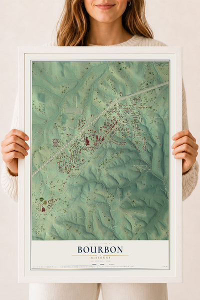 Map of Bourbon, Missouri, 18 x 24 inch print in a white wood frame