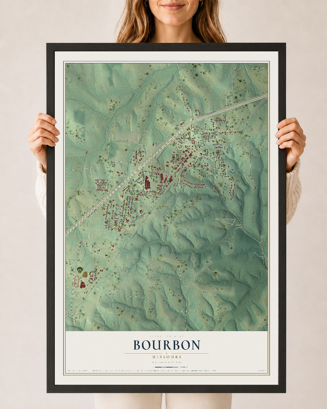 Map of Bourbon, Missouri, 24 x 36 inch print in a black wood frame
