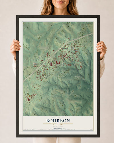Map of Bourbon, Missouri, 24 x 36 inch print in a black wood frame