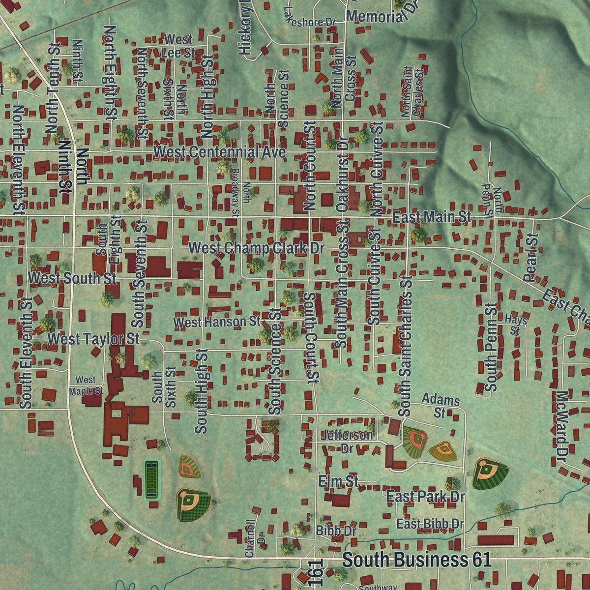 Close-up of the map of Bowling Green, Missouri print showing street and building detail